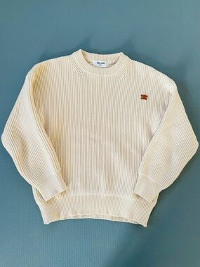 Cream Ribbed Knit Crewneck Sweater with Brown Logo Patch